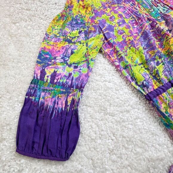 Tibi Silk Half Button Watercolor Dress Tie Waist Purple Green - Picture 6 of 11